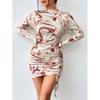 Women's Drawstring Pleated Nightclub Dress Abstract Printed Round Neck Sexy Long-sleeved Dress