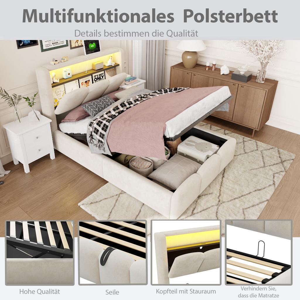 Upholstered bed 90x200, hydraulic storage function, headboard storage, soft velvet, petal design, single bed, USB and Type-C ports, LED, beige