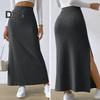 Women Fall Winter Skirt High Waist Knitted Elastic Thick Warm Ankle Length Striped Slim Fit Split Hem Soft Sheath Lady Maxi Skirt