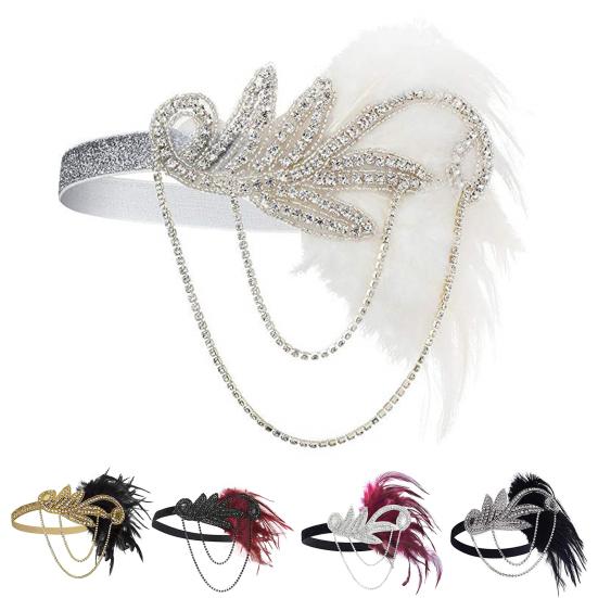 Feather Headband Vintage Style 1920s Flapper Headband Rhinestone Decor Headpiece for Parties Formal Occasions