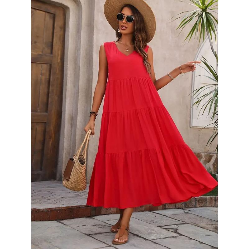 Свободное повседневное платье без рукавов с V-образным вырезом и оборками на подоле для весны и лета, женская одежда