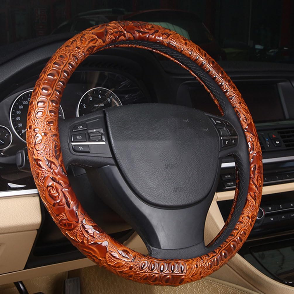 Кожаная оплетка на руль автомобиля, противоскользящая, универсальная, 15 дюймов, коричневая крокодиловая с зернистой текстурой розы
