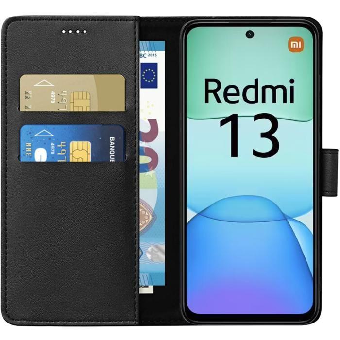 Coque pour Xiaomi Redmi 13 - Portefeuille Noir Rabat Clapet Aimanté Rangement Cartes Phonillico