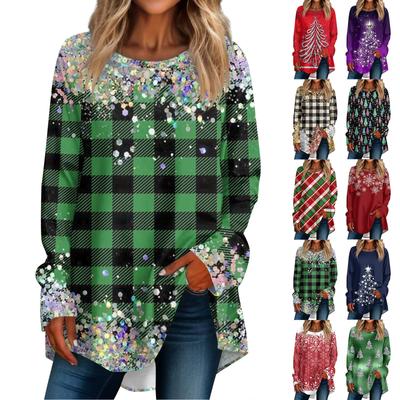 Женская мода повседневная футболка с круглым вырезом и рождественским принтом на плечах с длинными рукавами