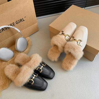 Пушистые тапочки Baotou half-drag для женщин, которые можно носить осенью и зимой 2024 года, новые туфли на толстом каблуке с пряжкой и квадратной головкой от Muller