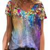 Summer V-neck 3D Flower Printed Top Fashionable Casual Short Sleeved Women's T-shirts