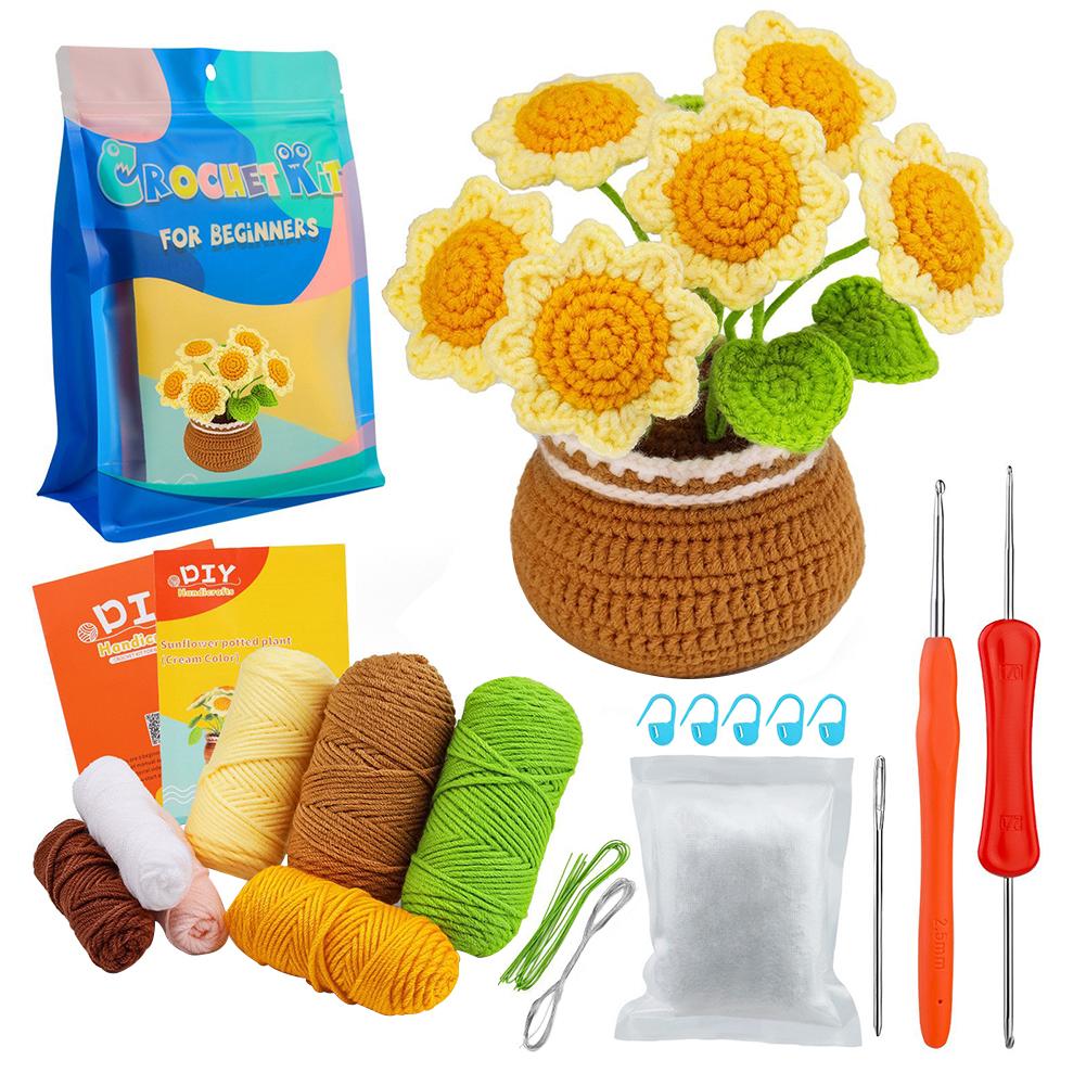 Набор для начинающих вязаных крючком цветов с хлопковой пряжей, маркерами для вязания крючком, аксессуарами для рукоделия, набором инструментов для материалов ручной работы