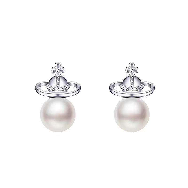 Серьги-гвоздики Vivienne Westwood с жемчугом Сатурн, двухсторонние, съемные - Женские, легкая роскошь, многослойные, модные