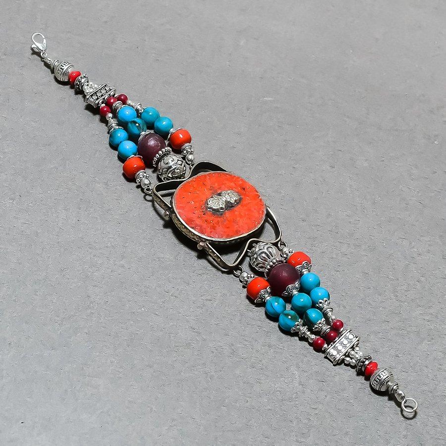 Red Coral Turquoise Bracelet Handmade Bahamas Tibetan Nepali Jewelry 9" NBB 3453