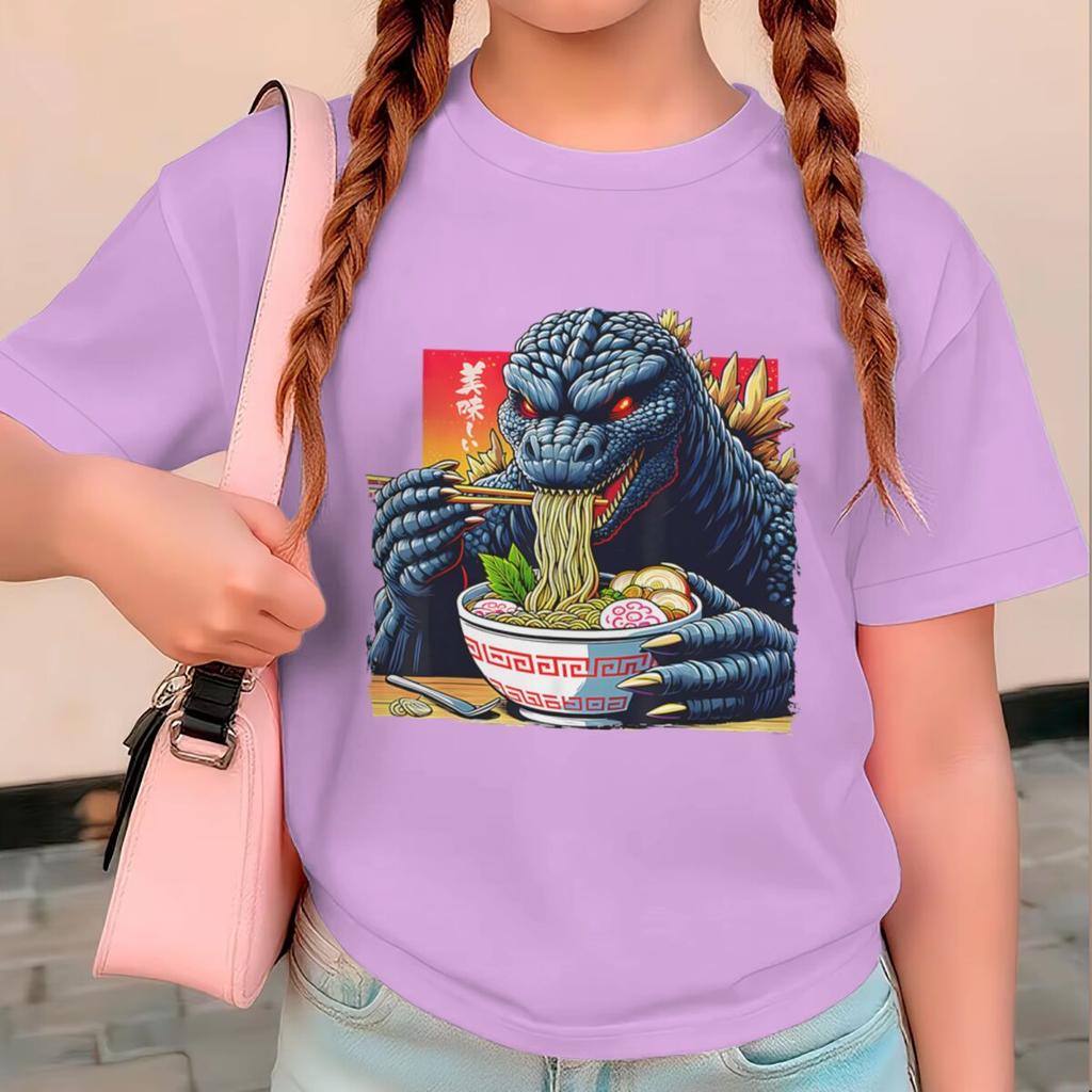 Funny Monster Noodle Print T-shirt Vintage Anime Tee Kids Short Sleeve Cotton T-shirt Girl Boy Summer Top Baby Boys T-shirts