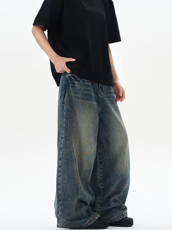 LKTM Унисекс Американские Ретро Синие Выцветшие Джинсы Тай-дай Свободного Покроя с Изогнутой Штаниной