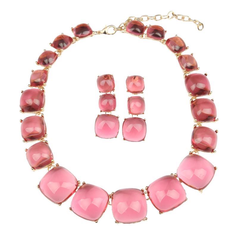 Pink Crystal Necklace Earrings Set Gold-Plated Base Shiny Gradient Pink Gems For Weddings Parties Evening Events
