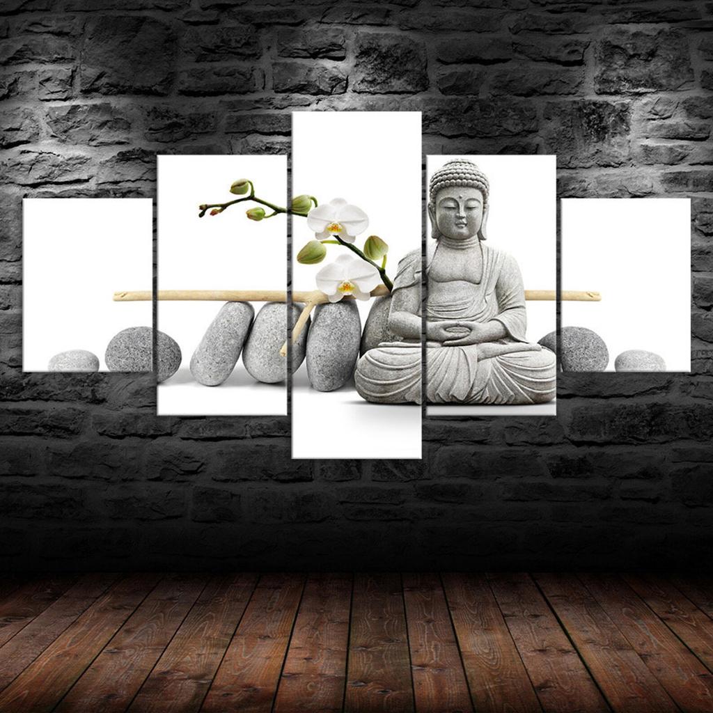 Buddha Statue White Orchid Flowers 5 Piece Five Panel Wall Canvas Print Modern Art Poster Picture Home Decor Gift For Him For Her