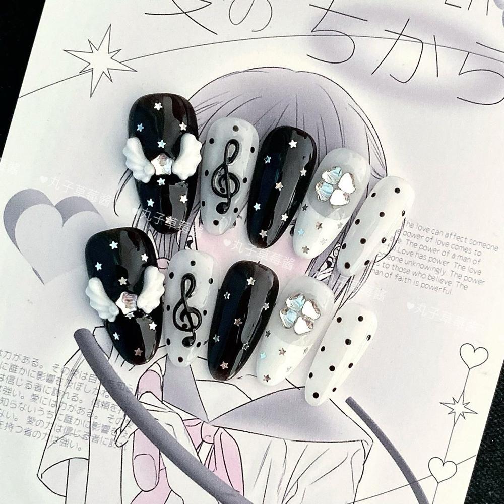 10Pcs Y2K Handmade Press On Nails Short Square Cartoon Stickers Pearl Wings Heart Bow Holiday Gift