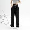 Women's Straight Work Pants Pockets Solid Color Cross Tie Elastic High Waist Casual Pant
