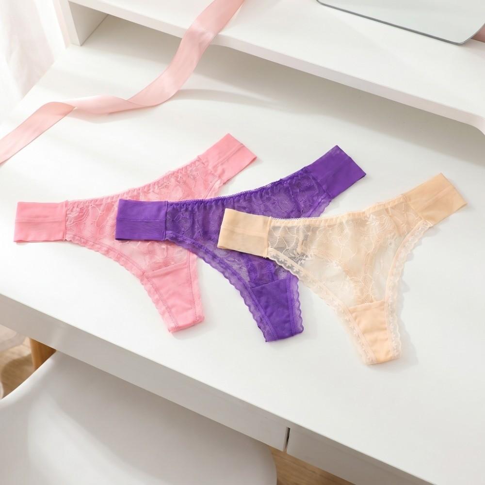 Fashion Low Waist Mesh Sheer Lace Thong Cotton Crotch Transparent Mesh Briefs Women Intimate Hollow Romantic T Panties Home