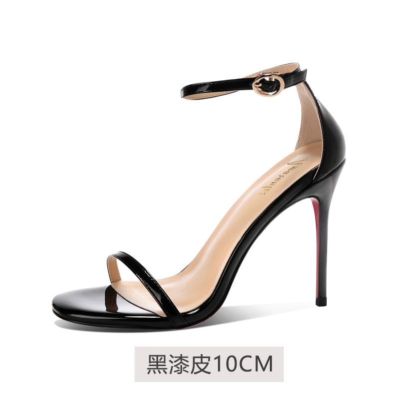 Black SW Flat High-heeled Sandals for Women, New Summer Popular, Same Style Ultra-fine Heel Red Sole High-heeled Shoes
