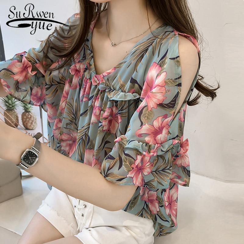 SURWENYUE модные летние топы, блузка, рубашка больших размеров, женские шифоновые топы с короткими рукавами и принтом