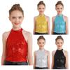Kids Girls Sparkling Sequin Halter Crop Top Sleeveless Backless Tops for Cheerleading Jazz Dance Gymnastics