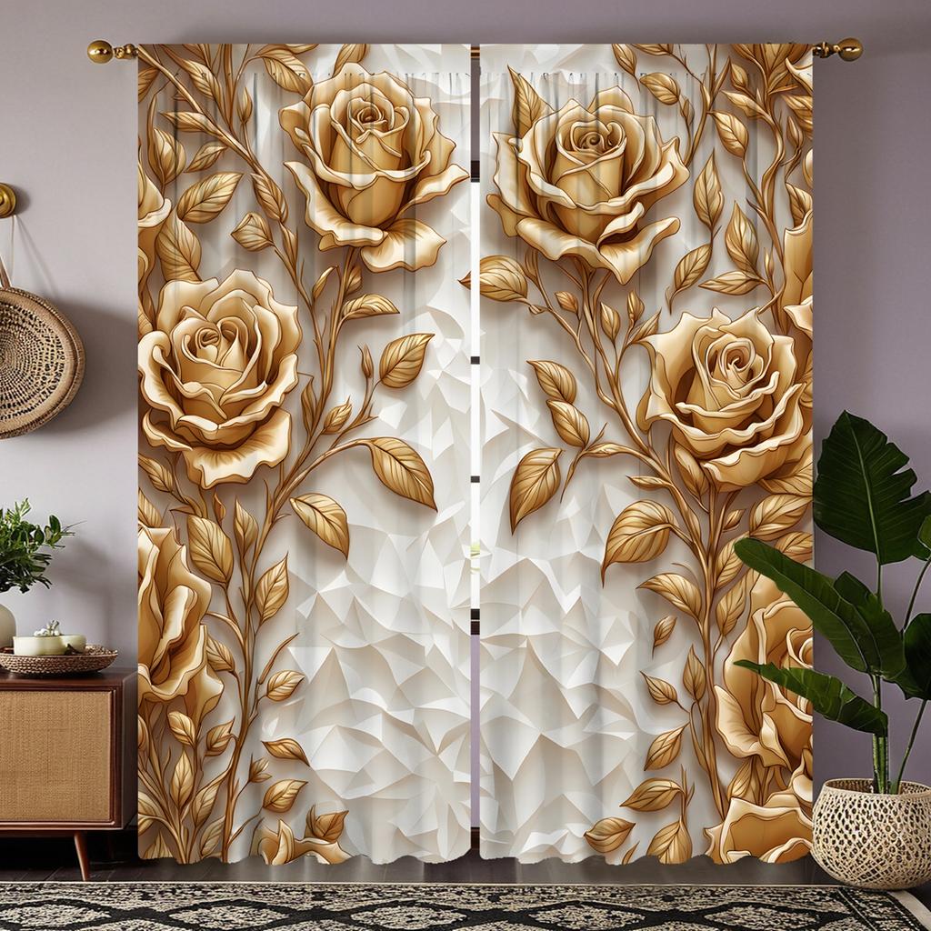 2-piece HD Digital Yellow Abstract Rose Curtain Home Decoration Style Decoration Living Room Bedroom Through Rod Curtain Effect