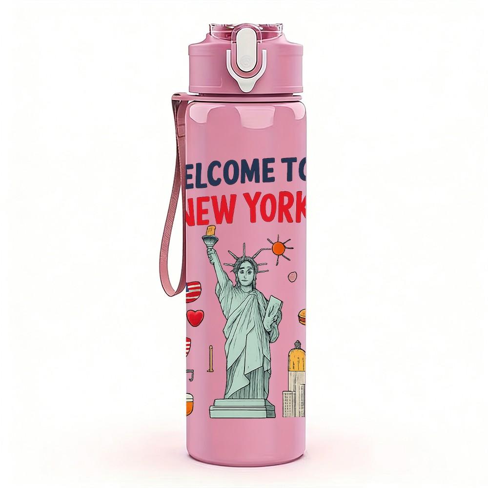 1PC Welcome To New York Letter 750ml Color Plastic Sports Water Bottle Leakproof Flip Straw Lid Suitable for Sports Office Home Use