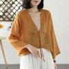 Women's 2024 Spring/Autumn Cotton Linen Retro Embroidered Blouse - Sunscreen Shawl Dress Shirt with Lace-Up Detailing.