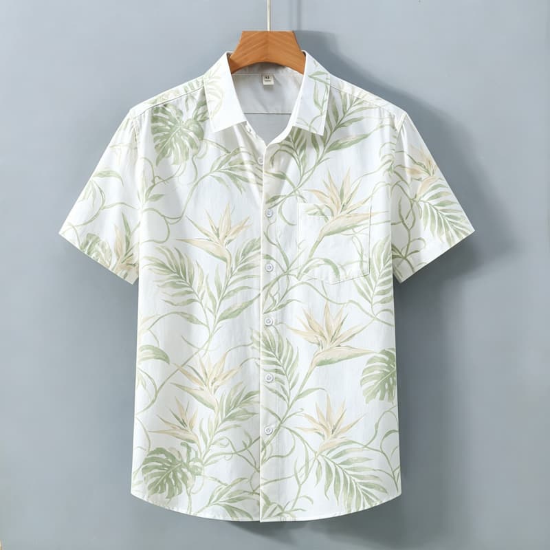 Men's Fresh Tropical Floral Plant Printed Short Sleeved Shirt With pockets, For Casual Gatherings And Fresh Exotic styles.