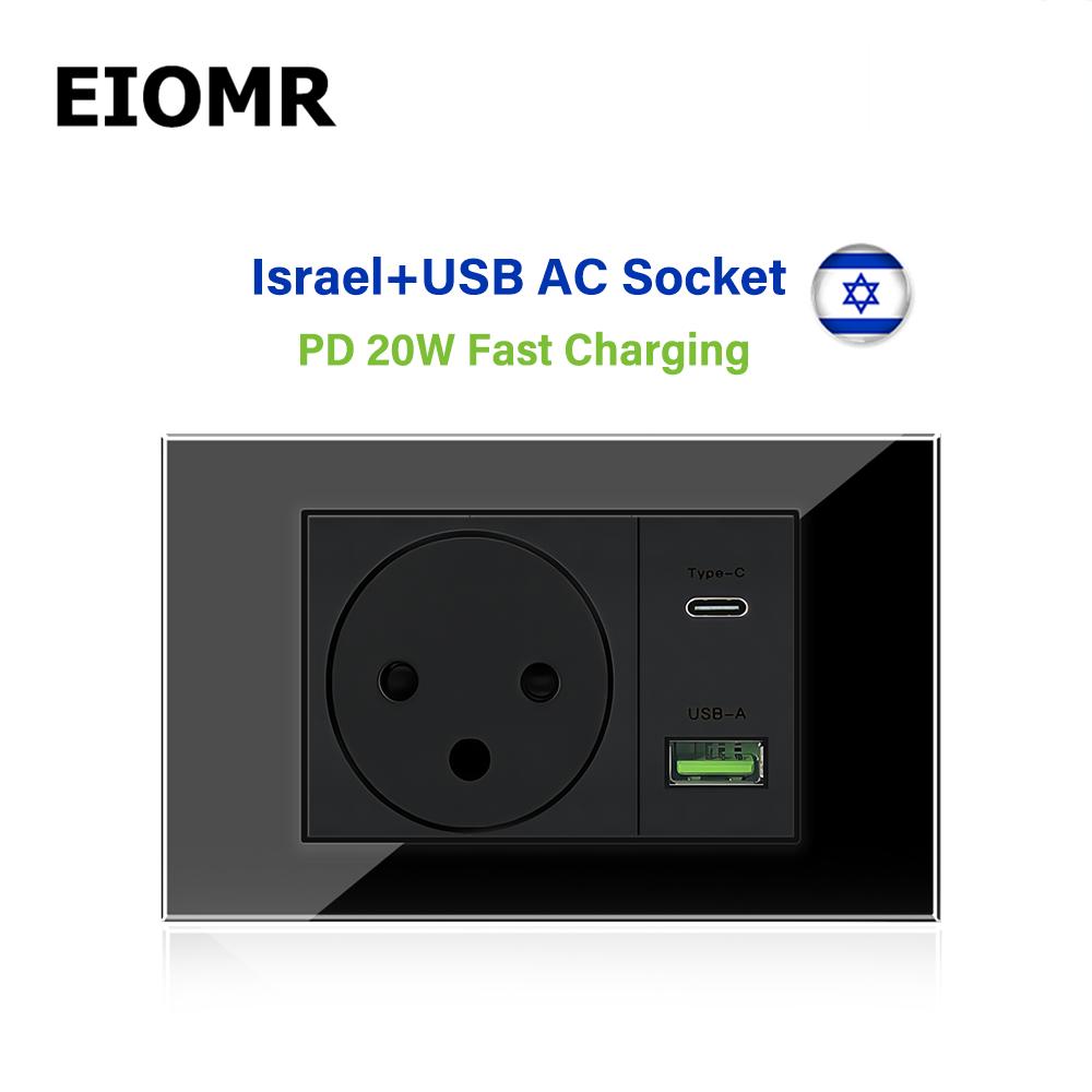 EIOMR Израиль Настенная розетка с быстрой зарядкой USB Type C, 118*75 мм, Черное закаленное стекло, Спутниковое ТВ, Телефон, Звонок, Механический настенный выключатель света