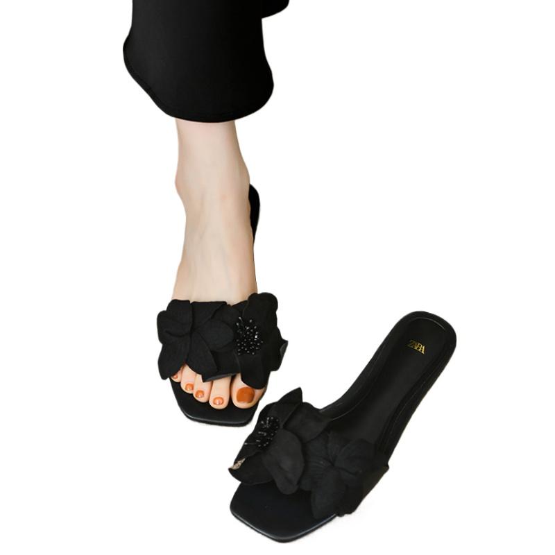 Новые женские туфли на плоской подошве, модные однотонные женские тапочки с открытым носком, большие размеры, женская повседневная пляжная обувь с цветочным декором