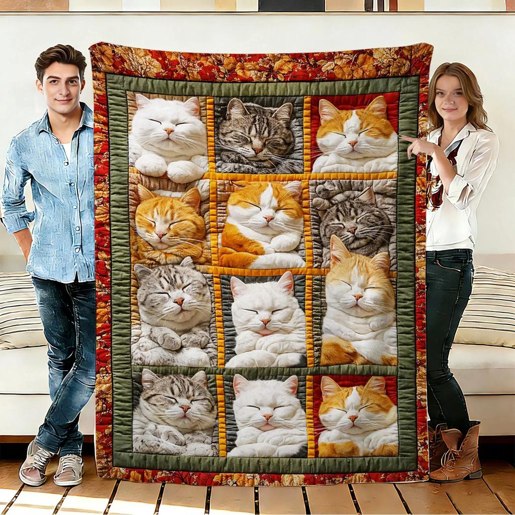 Cat Print Quilted Throw Blanket, Soft Warm Cozy Blanket, Cute Kitten Blanket