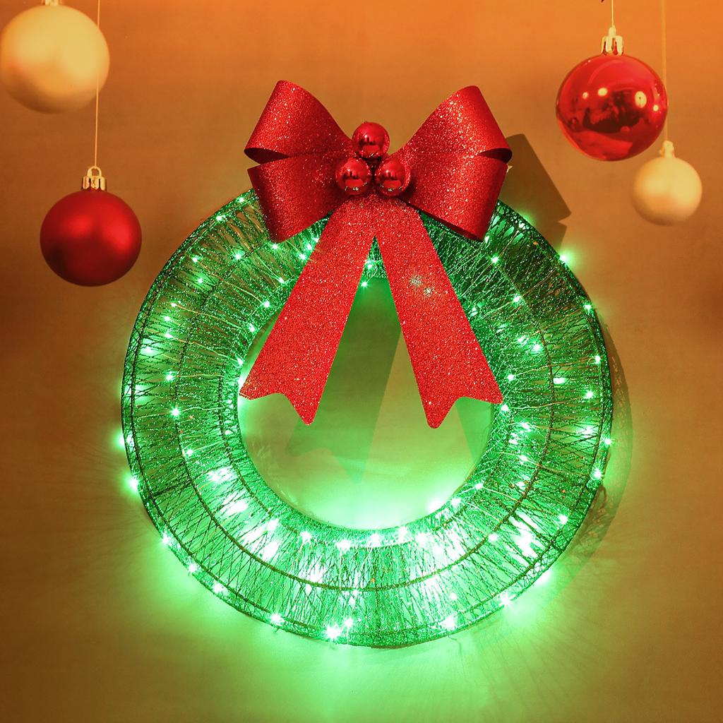 Christmas Metal Light Up Wreath With LED Warm Lights And Ribbon Bow Holiday Decoration