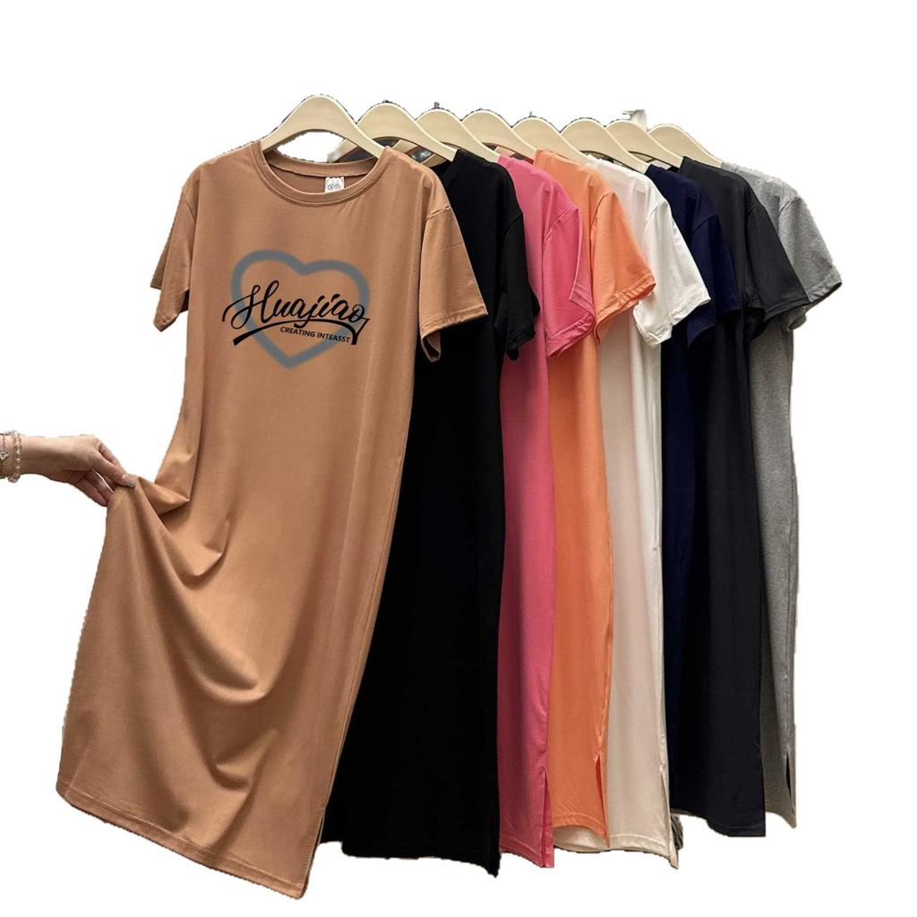 Свободное, большого размера, в гонконгском стиле, с короткими рукавами, средней длины, с разрезом, платье-футболка для женщин на лето