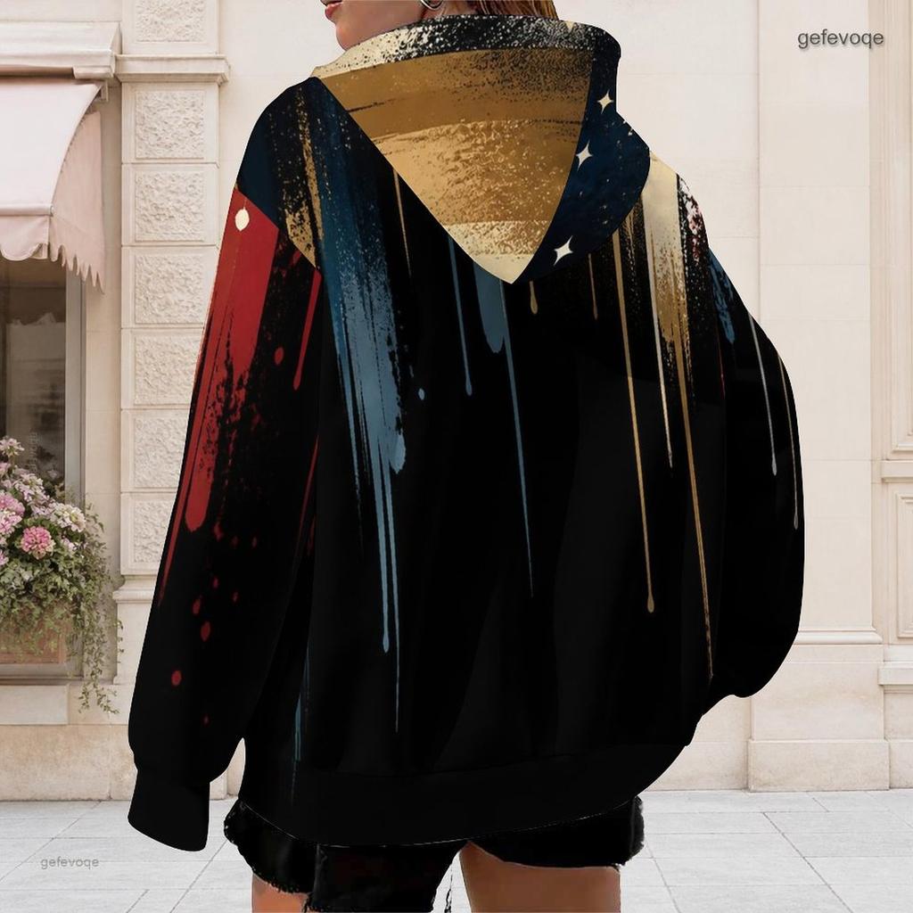 Женская толстовка с капюшоном на молнии большого размера, с длинным рукавом, с абстрактным принтом черного и золотого цветов, на завязках, с карманами