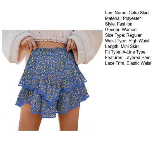 Women Cake Skirt High Waisted Double-Layered Ruffle Bohemian Mini Skirt with Elastic