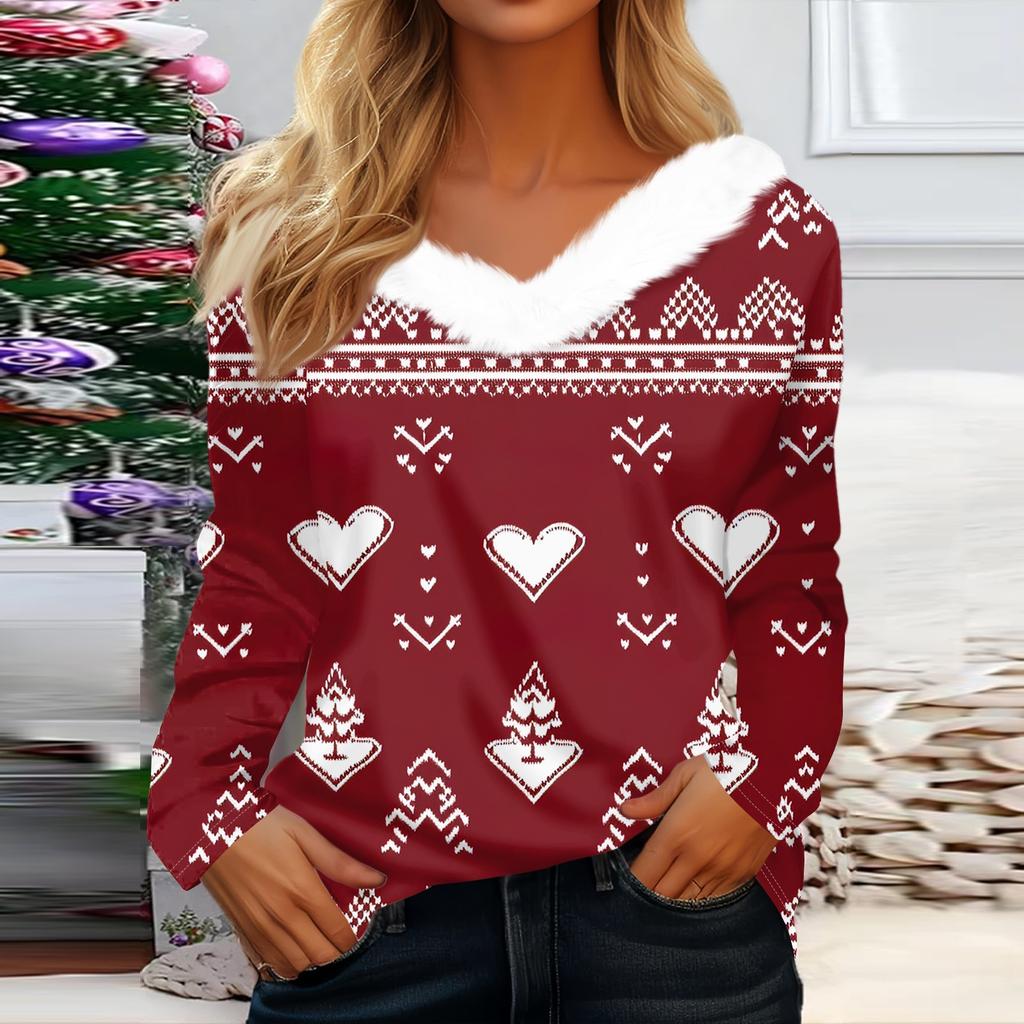 Женская мода с длинным рукавом, рождественский принт, плюшевый ворот, V-образный вырез, пуловер, топ
