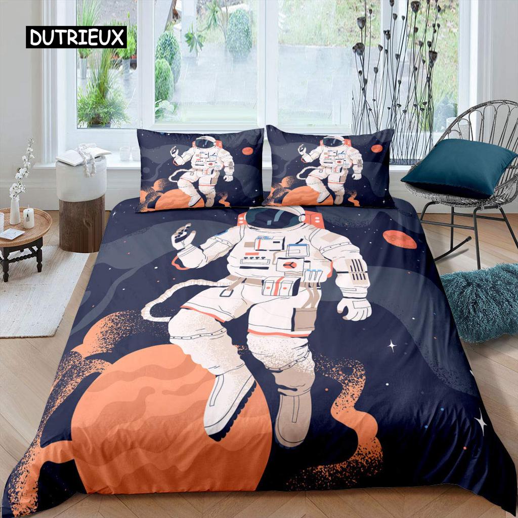 Комплект постельного белья для мальчиков и девочек с изображением астронавта, комплект постельного белья для детей, двойное постельное белье, декор для спальни в стиле галактики и космоса, полиэстеровое одеяло