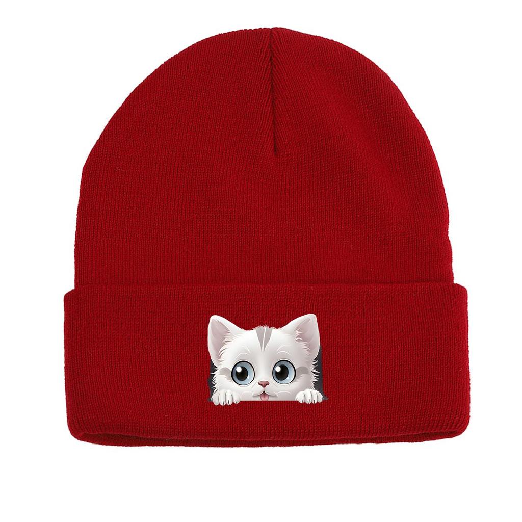 Cute White Cat Winter Knit Hat Beanie, Animal Man Cap Soft Winter Unisex Pompom Beanies Knitted Cap Beanie