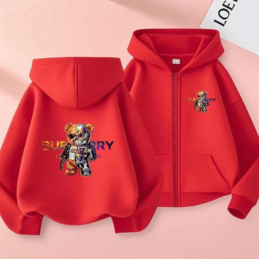 Kids Cardigan Hoodie Zipper Style Sweatshirt Girls Boy Loose 3-12Yrs Leisure Fashion Coat Colorful Mechanical Bear Print Clothes