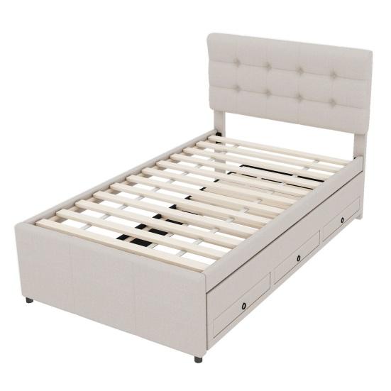 Upholstered Bed Bed, 90x200cm (90x190cm), Family with Three Drawers, Pull-Out Trundle Adjustable Headboard, Without Mattress, Beige Flat