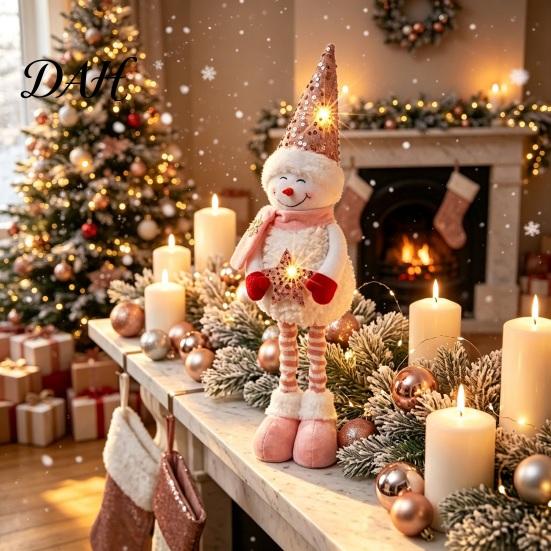 Standing Snowman Decor Christmas Plush with Extendable Legs, Sequins Hat Holding Star Table Centerpieces Doll, Long Legs Xmas Decoration Retractable
