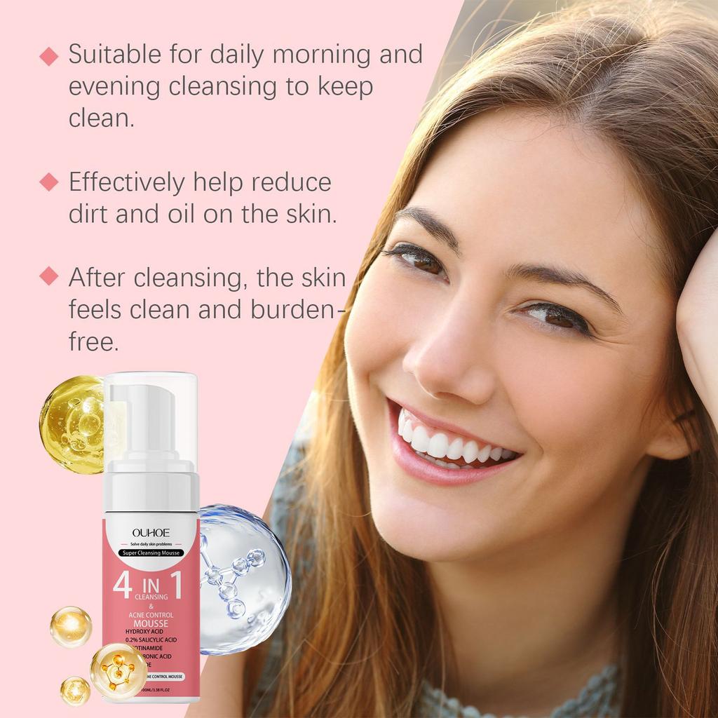 Мусс для удаления прыщей 4 в 1 Салициловая кислота для умывания лица Глубокая очистка Разглаживание Увлажнение Отбеливание Сужение пор Уход за кожей лица