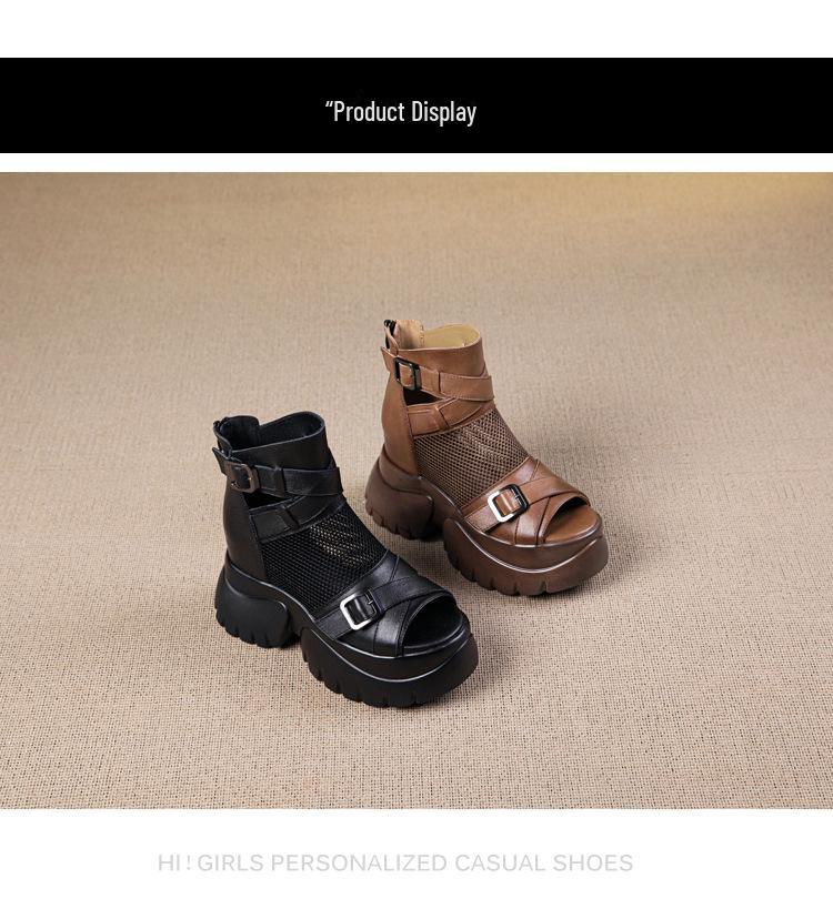 Women's Elevating Leather Roman Sandals - Genuine Cowhide, Thick Sole, Open Toe, Spring/Summer 2025.