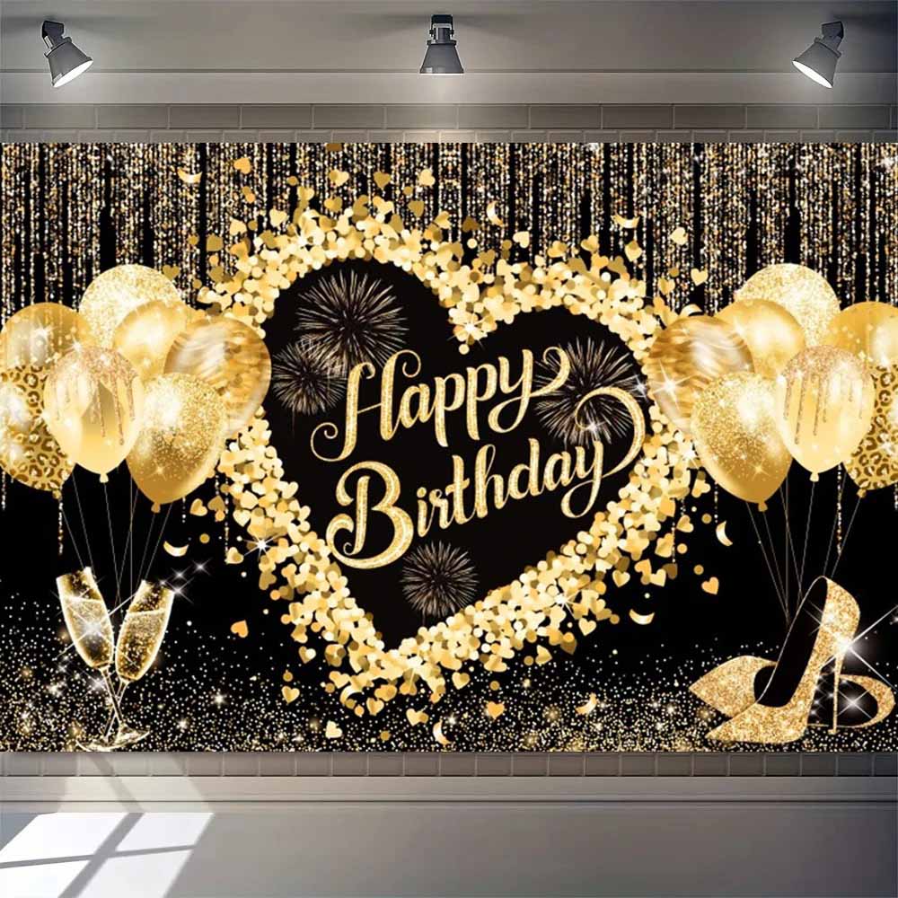 Black gold adult birthday background, gold glitter balloon, party, family portrait, photo, backdrop, birthday decoration, banner