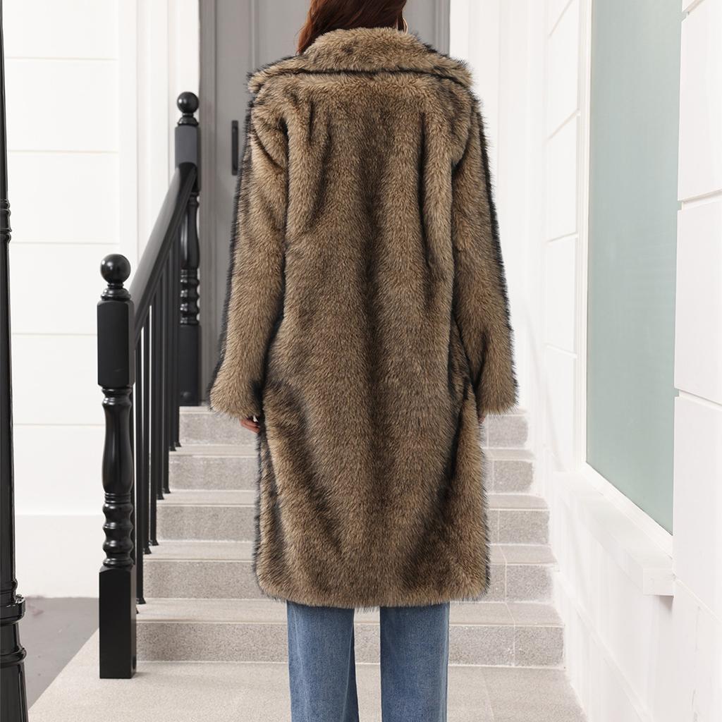 Women's Fashionable Warm Long Sleeve Solid Color Furry Long Coat With Turned Collar