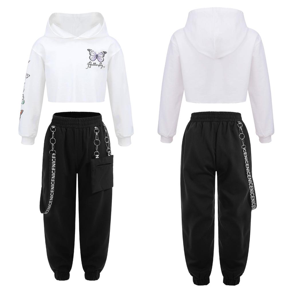 Детский укороченный свитшот с капюшоном и длинными рукавами для девочек с принтом бабочки и штаны, спортивный костюм для танцевального выступления в стиле хип-хоп