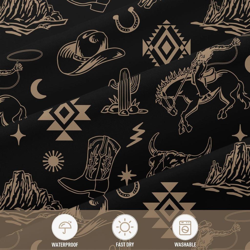 Bohemian Aztec Western Cowboy Shower Curtain - Black Gold Cactus Design, Washable Polyester