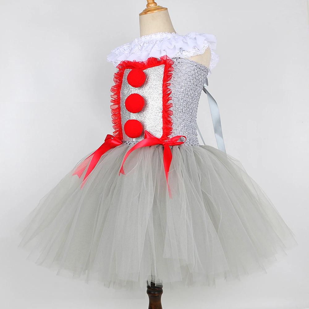 Creepy Clown Pennywise Costume for Girls Halloween Tutu Dress Set Toddler Kids Fancy Carnival Party Gray Joker Dress Up Clothes
