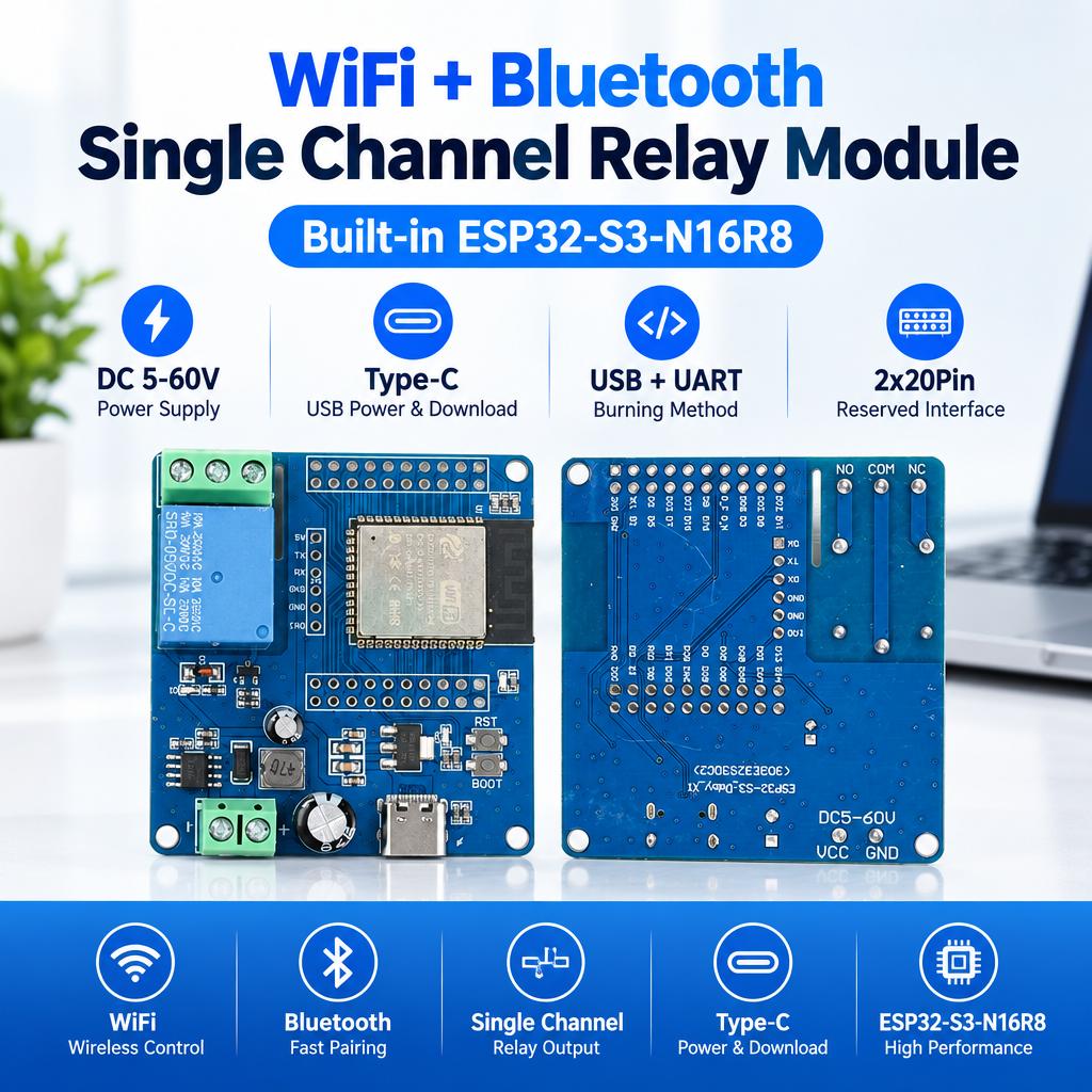 Single Channel ESP32-S3 Relay Module WIFI Bluetooth DC5-60V Type C Compatible ESP-IDF Ard For Secondary Development