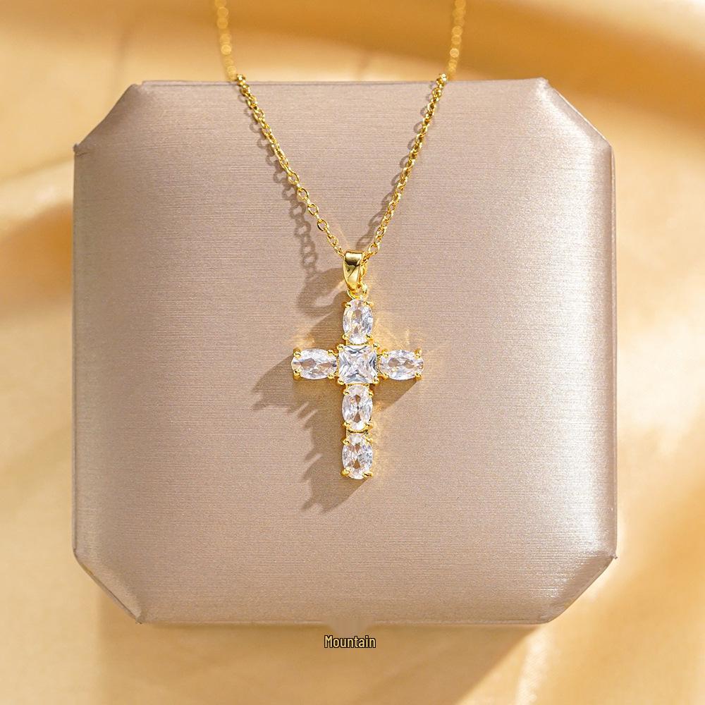 Zircon Cross Pendant Necklace: Gold Electroplated Titanium Steel, European & American Style, Elegant Female Design