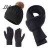Fashionable Cold Weather Clothing Sets Winter Hat Scarf Gloves Set, Knitted Pom Warm Thermal Cute for Women Gloves, Solid Color Cozy Knit Accessories